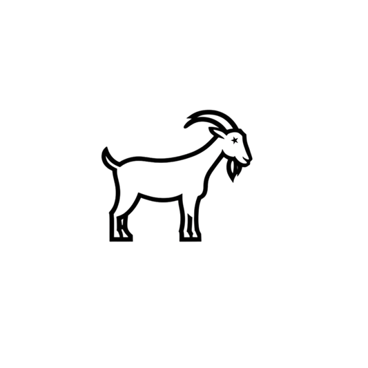 Minimalist black goat logo with sharp horns and a beard, outlined on a solid white background.