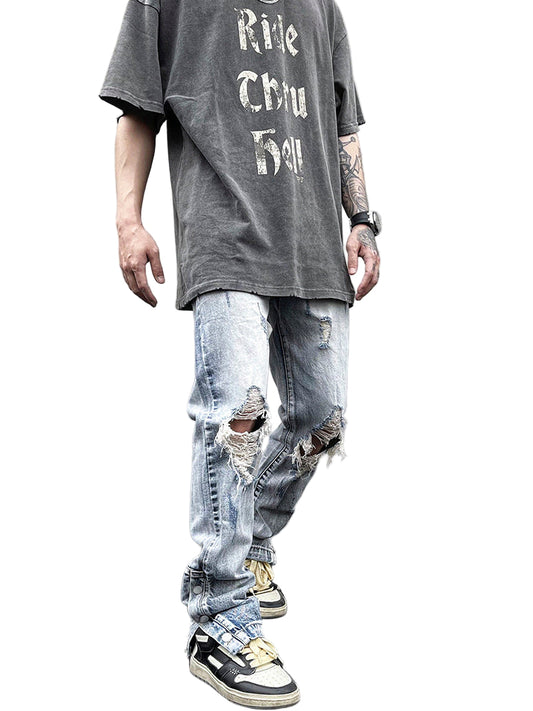 Bleach Fade Snap-Slit Ripped Jeans – Light Blue Streetwear Denim, Distressed Skinny Fit, GOAT Urban Streetwear Fashion Jeans