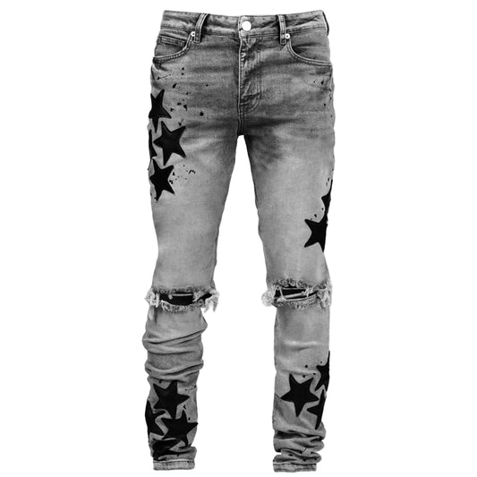Men's "Stars" Slim-fit Stretch Jeans - Stars Embroidered Slim-fit Jeans, Stretch Denim Jeans, Mid Waist Streetwear Jeans, Slim-fit Jeans