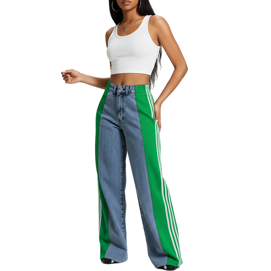 Palazzo Loose Fit Wide Leg Jeans – Retro Streetwear High Waist Stripe Contrast Wide-leg Denim Jeans for Women