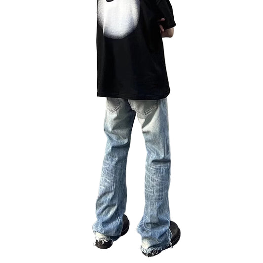 Static Denim Light Blue Ripped Jeans, Distressed Straight-Leg, Mid Waist Grunge Denim, Vintage Men’s Casual Streetwear, Korean Style Jeans