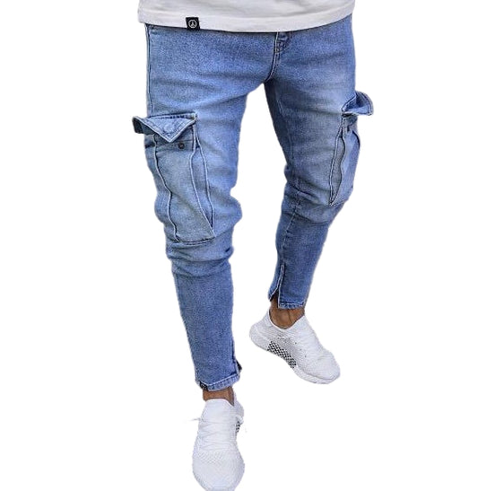 Combat Cut Cargo Slim-fit Jeans – Distressed Tapered Fit, Dyed Washed Denim, Streetwear Pants for Men