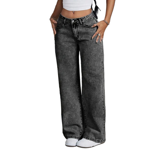 Y2K Wide-leg Jeans – Mid Waist Denim Jeans, Wide-leg Two-Tone Streetwear