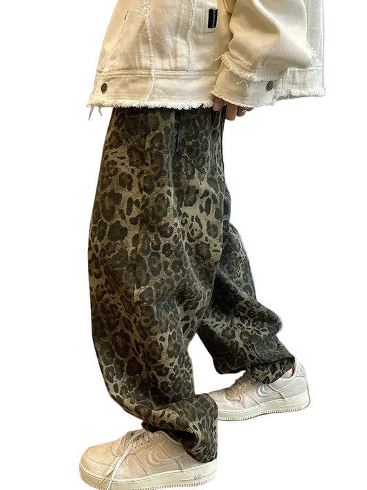 Tan Leopard Jeans – Oversized Wide-Leg Streetwear Pants, Hip Hop Vintage Loose Fit Men’s Denim Trousers
