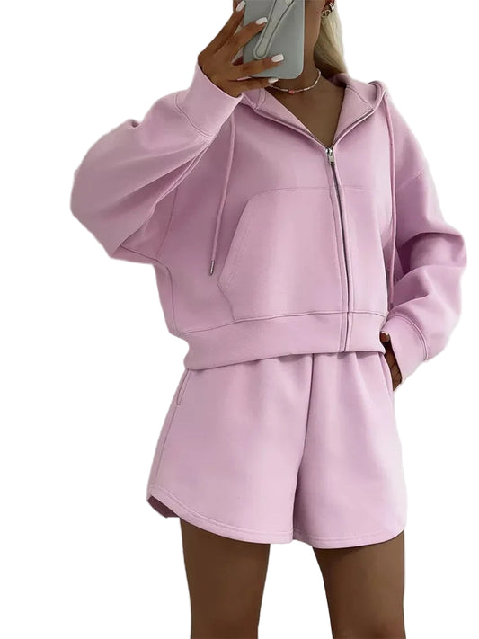 SoftStitch™ Pink Oversized Hoodie & Shorts Set – Women’s Spring Loungewear, Casual Two-Piece Matching Outfit for Streetwear & Relaxed Days