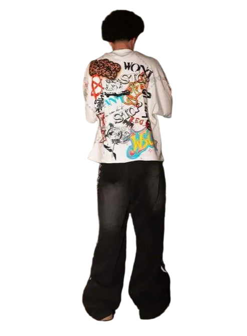 Punk Graffiti Rock Letter Oversized T-Shirt - Graffiti Y2K Hip Hop Streetwear Cotton Tee
