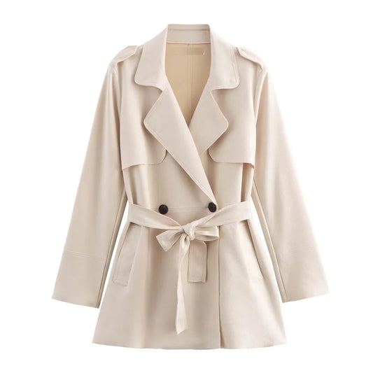 European Suede Belted Trench Coat - Women's Double Breasted Long Sleeve V-Neck Windbreaker