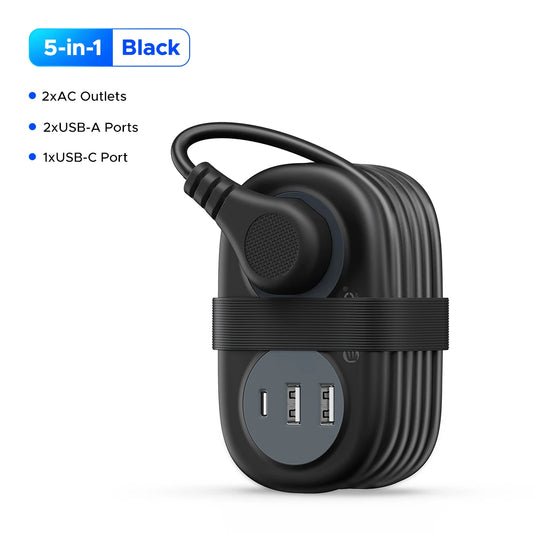 5-in-1 Travel Power Strip – 2 AC Outlets + 3 USB Fast Charging Ports + Type-C, Compact Extension Cord with Surge Protection