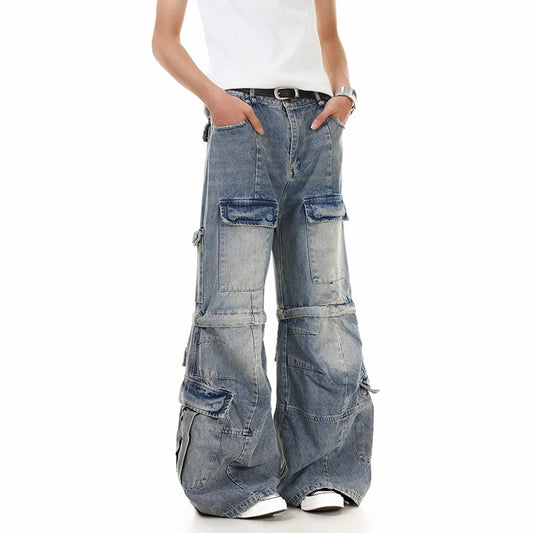 Men’s Wide Leg Denim Jeans – Detachable Baggy Solid Color Deconstruction Loose Fit Streetwear Pants