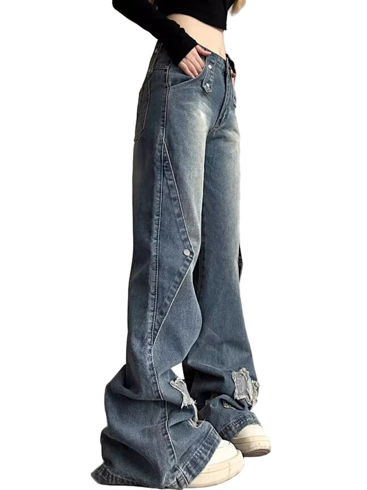 HarajukuFlare™ Y2K Wide Leg Jeans – High Waist Vintage Denim | Slim Fit Streetwear Ripped Pants for Women