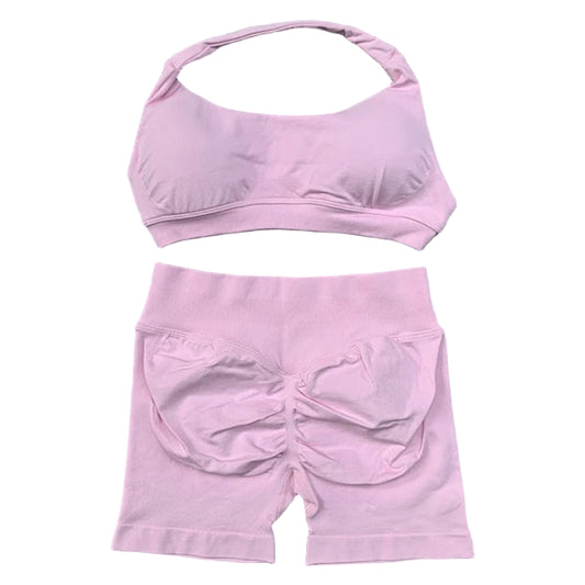 Seamless Yoga Set - 2 Piece Halter Sport Bra & Scrunch Bum Shorts - Breathable Quick-Dry Gym Outfit