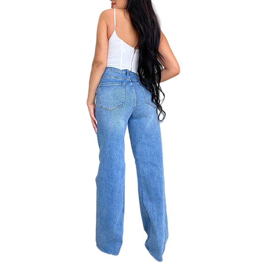 Skycut Denim Pants – High Waist Wide-Leg Jeans, Ankle-Length Streetwear, Women's Baggy Fit Trousers