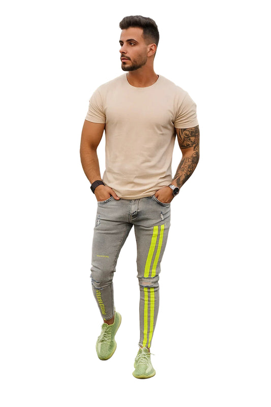 Stripe Skinny Jeans - Printed Streetwear Pants with Tears, Y2K Pencil Fit Denim