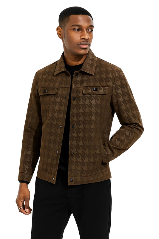 Men’s Houndstooth Shadow Jacket – Button-Up Streetwear Luxury Jacket, Casual Lapel Fit, Luxe Street Outerwear