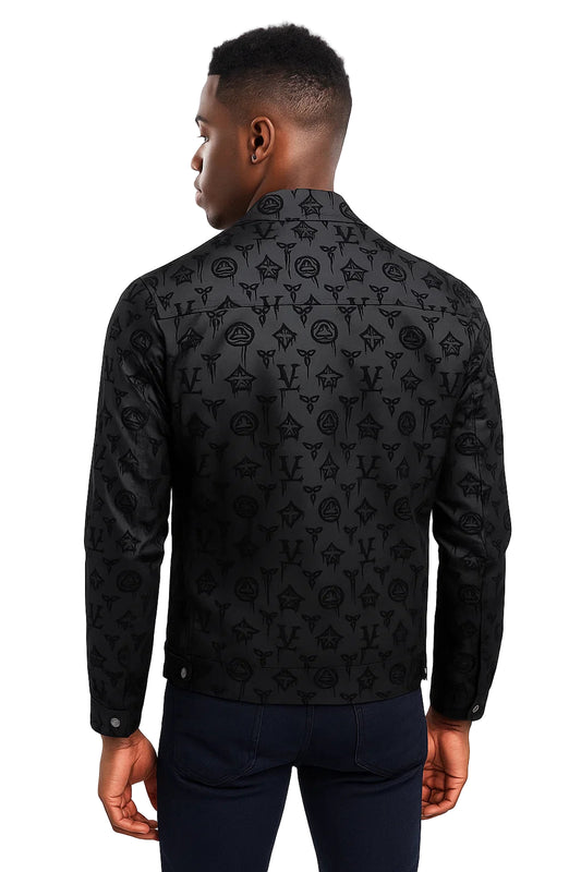 Men’s Black Monogram Flower Jacket – Slim Fit Street Luxury Outerwear, Turn-Down Collar, Button-Up Statement Coat