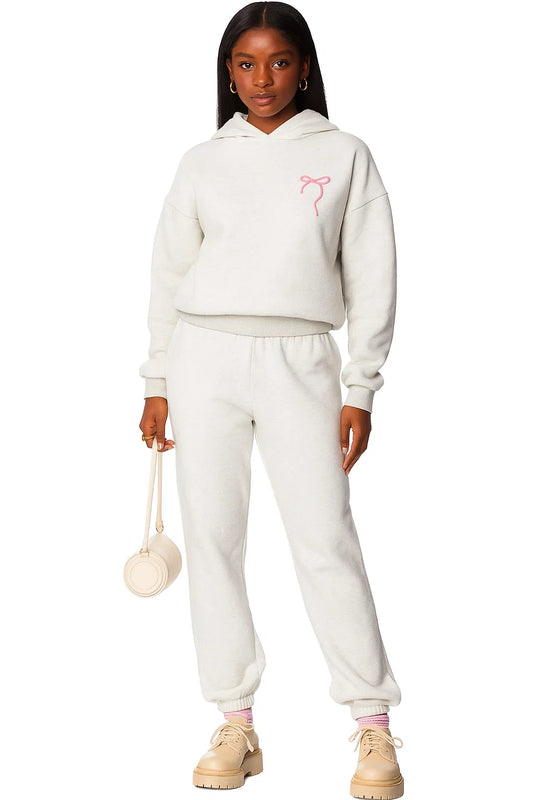 Women’s 2-Piece Bow Embroidered Cotton Hoodie & Jogger Set - Soft Velour Feel Tracksuit | Casual High-Waist Pants