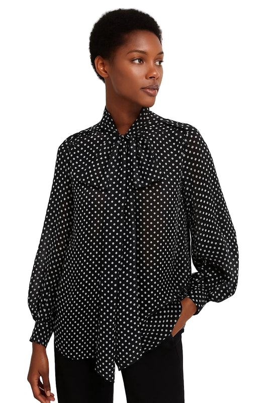 Bow Embellished Polka Dot Cape-Style Loose Shirt - Women’s Fashion Top with Ribbon Collar & Long Sleeves