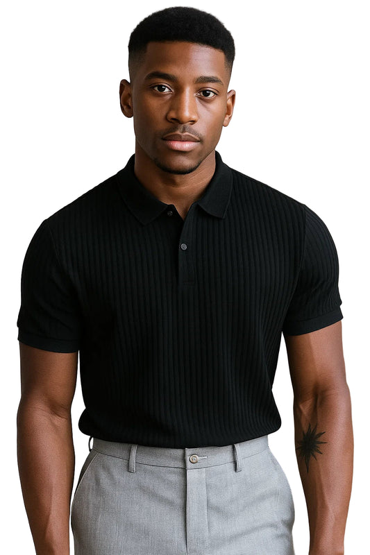 Vertical Stripe Knit Polo Men’s Shirt - Slim Fit Solid Color Breathable Short Sleeve Summer Top