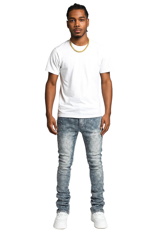 Men's Layered Pearl Stacked Denim Jeans - Straight-Leg Stretch Fit | Fashion Streetwear Stacked Jeans