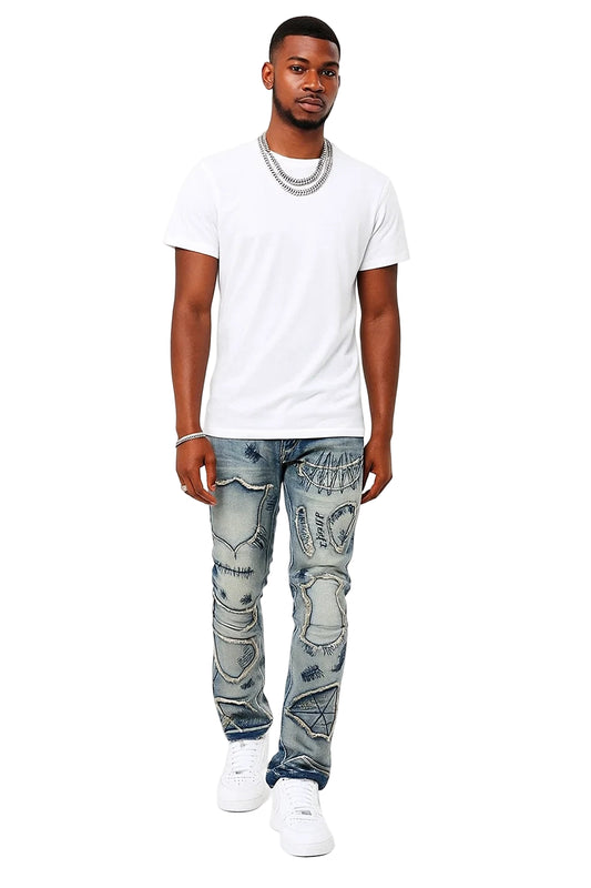 Men’s Bootcut Patchwork Jeans - Vintage Stacked Denim Jeans | Streetwear Embroidery Patched Released Hem Stacked Jeans