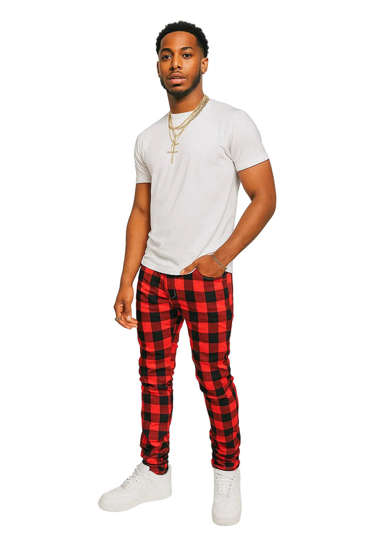 Men’s Red Plaid Slim Jeans - Fashion Printed Stretch Denim Pants | Straight-leg Jeans Streetwear Fashion