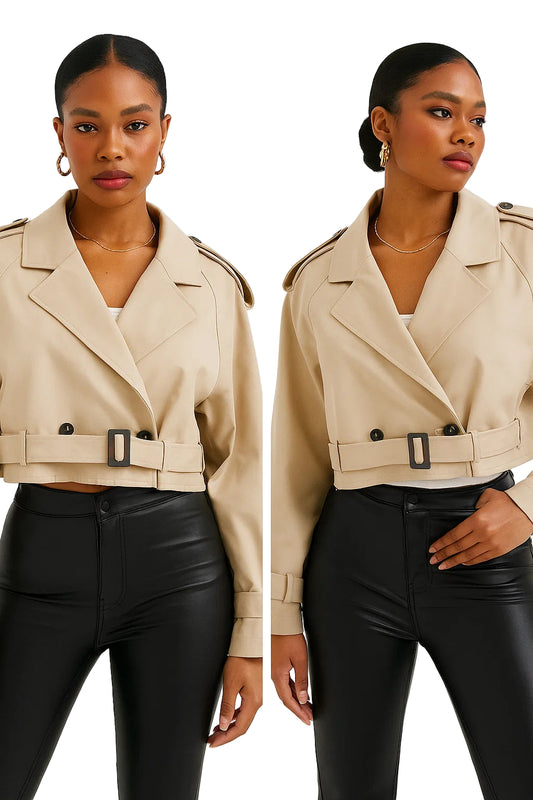 Belted Cropped Trench Jacket - Women’s Vintage Double Breasted Streetwear Coat, Spring Casual Outwear