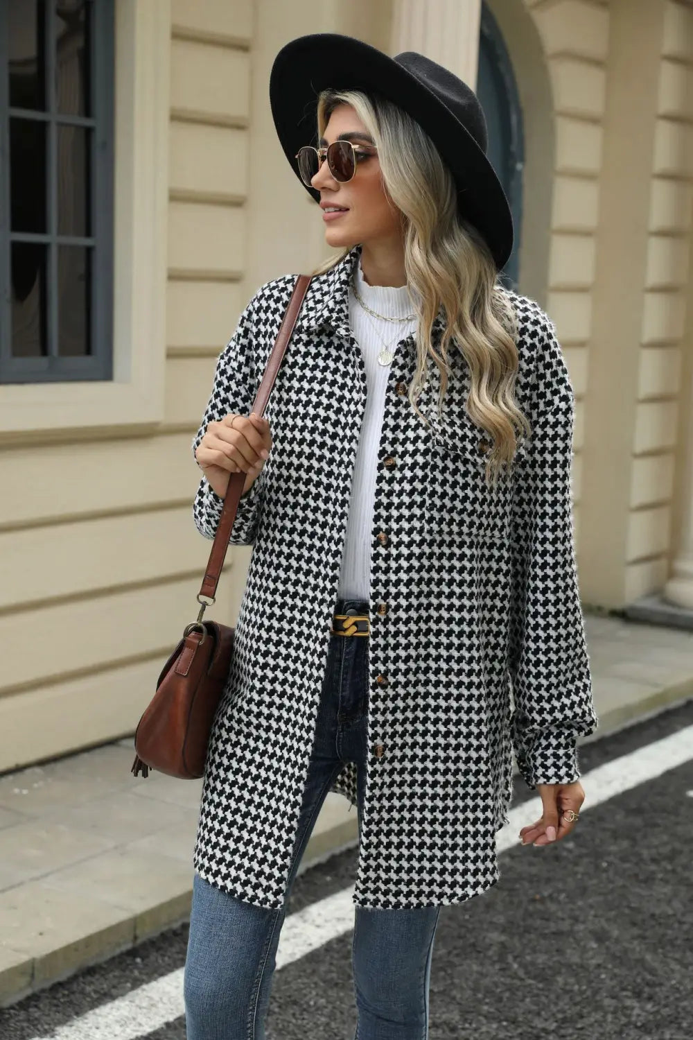 Women’s Hounds-Tooth Lapel Coat (Mid length)