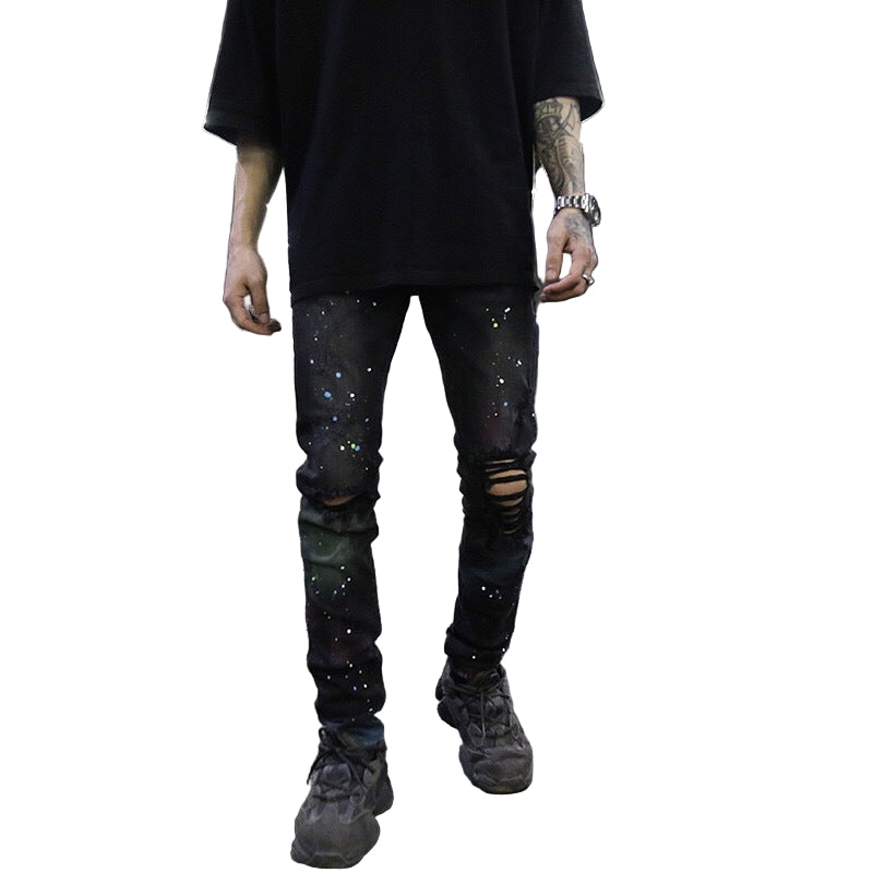 Galaxy Graffiti Ripped Skinny Jeans –  Streetwear Art Denim, Stretch Fit Distressed Pants, Graffiti Print Jeans for Men