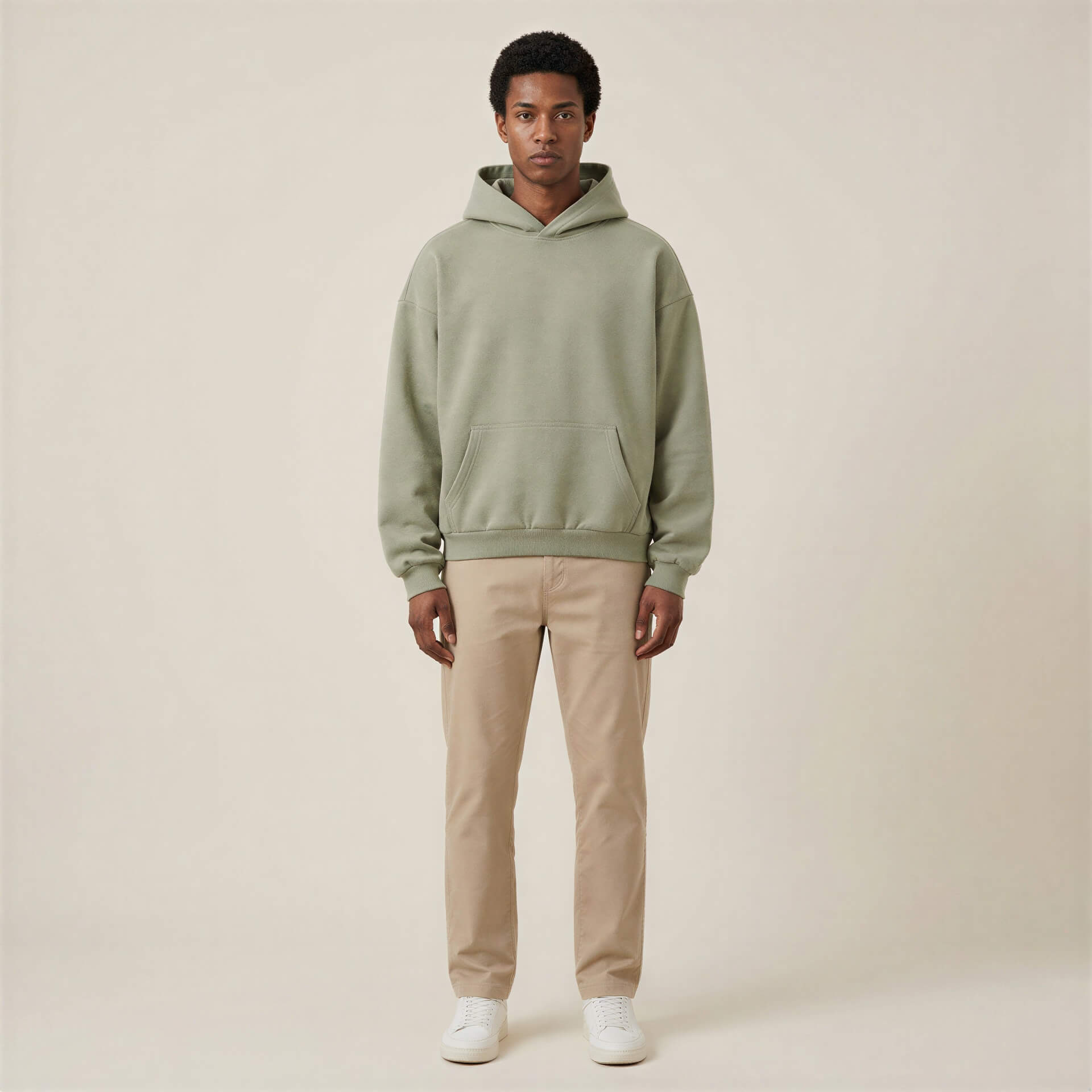 Heavyweight oversized hoodie in light green, featuring a front pocket and a relaxed fit, worn with beige pants.
