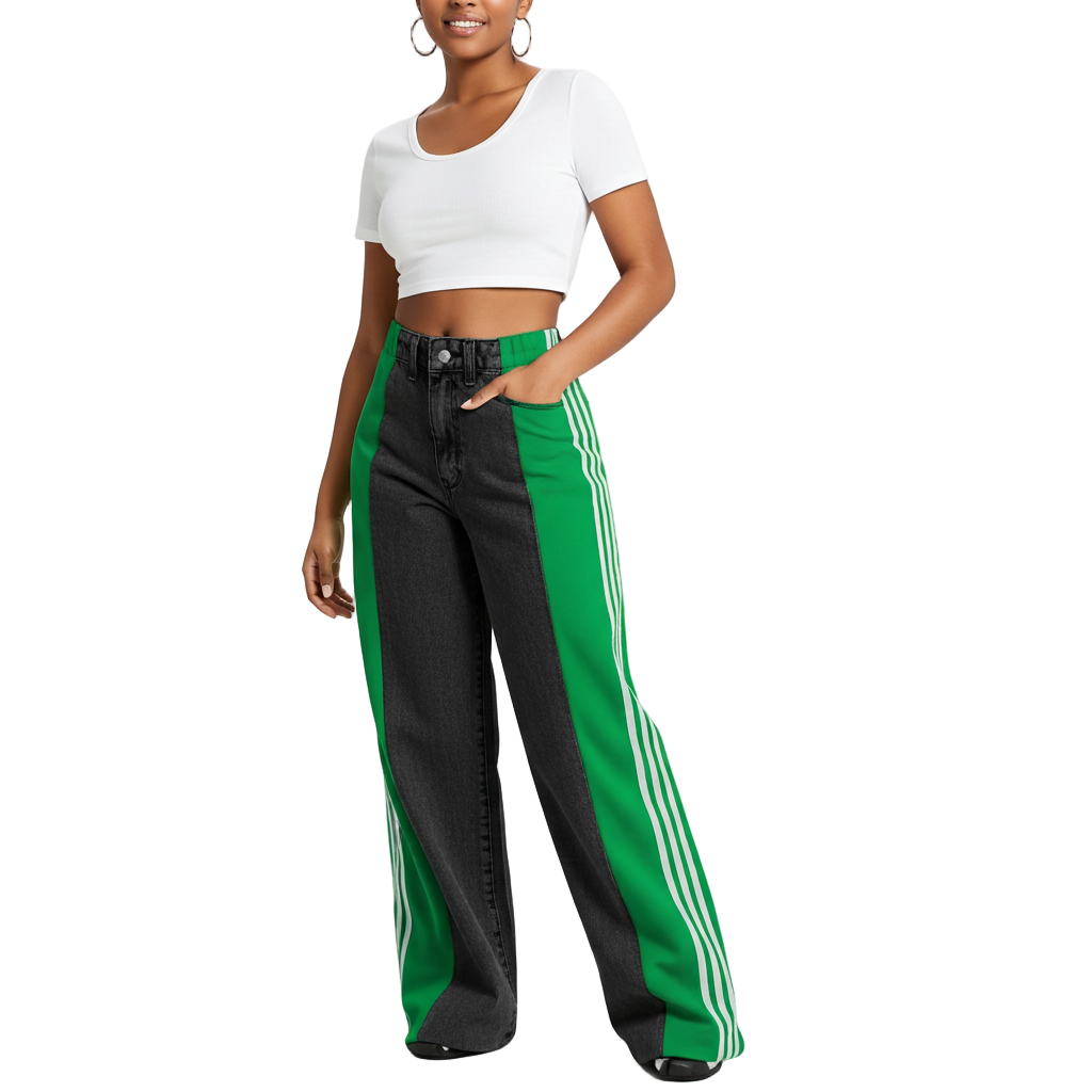 Palazzo Loose Fit Wide Leg Jeans – Retro Streetwear High Waist Stripe Contrast Wide-leg Denim Jeans for Women