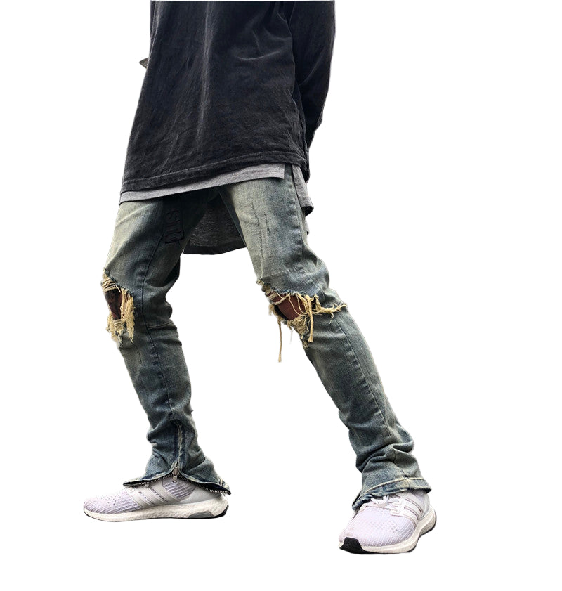 Shatter Fade Zippered Destroyed Jeans – Light Blue Ripped Streetwear Denim, Inner Zipper Detail, GOAT Streetwear Essentials
