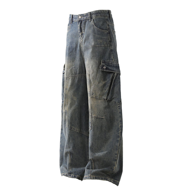 GOATED Heavyweight Multi-Pocket Washed Vintage Loose Jean – Men’s Streetwear Baggy Denim, Washed Retro Utility Jeans