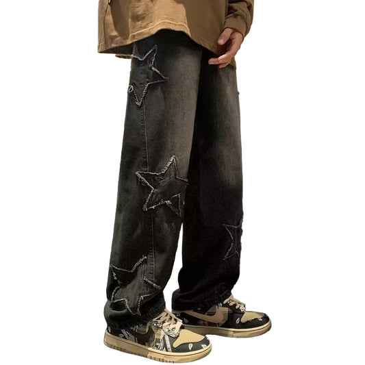 Nightstar Y2K Baggy Star Patch Jeans for Men – Vintage Straight Leg Denim, 2000s Streetwear Aesthetic, Retro Hip Hop Embroidered Jeans