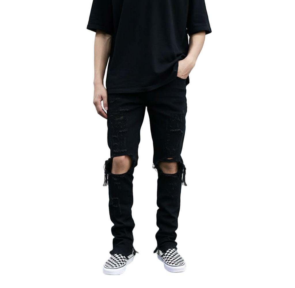 Blackout Streetwear Jeans for Men – Tapered Fit, Premium Cotton, Urban Ripped Denim, Ripped Black Denim Jeans, Black Streetwear Jeans, Ankle Zip Jeans