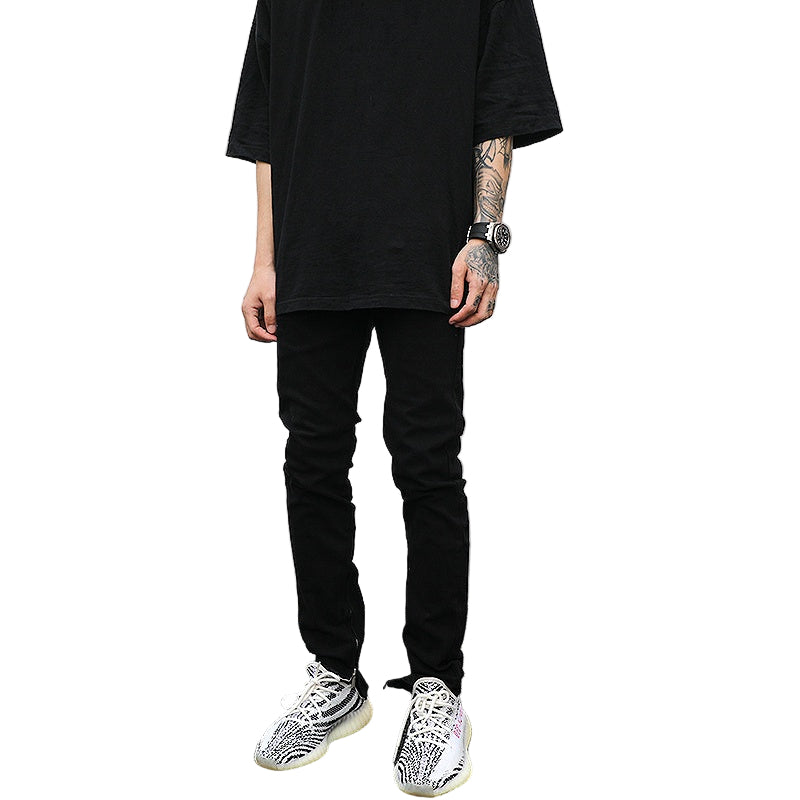 Stealth Stretch Denim Ankle Zip Jeans - Ankle Zip Black Denim Jeans, Stretch Fit Streetwear Pants, Mid-Low Waist, Streetwear Fashion Jeans