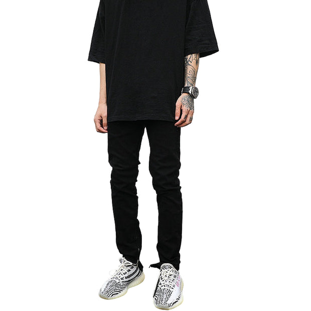 Stealth Stretch Denim Ankle Zip Jeans - Ankle Zip Black Denim Jeans, Stretch Fit Streetwear Pants, Mid-Low Waist, Streetwear Fashion Jeans