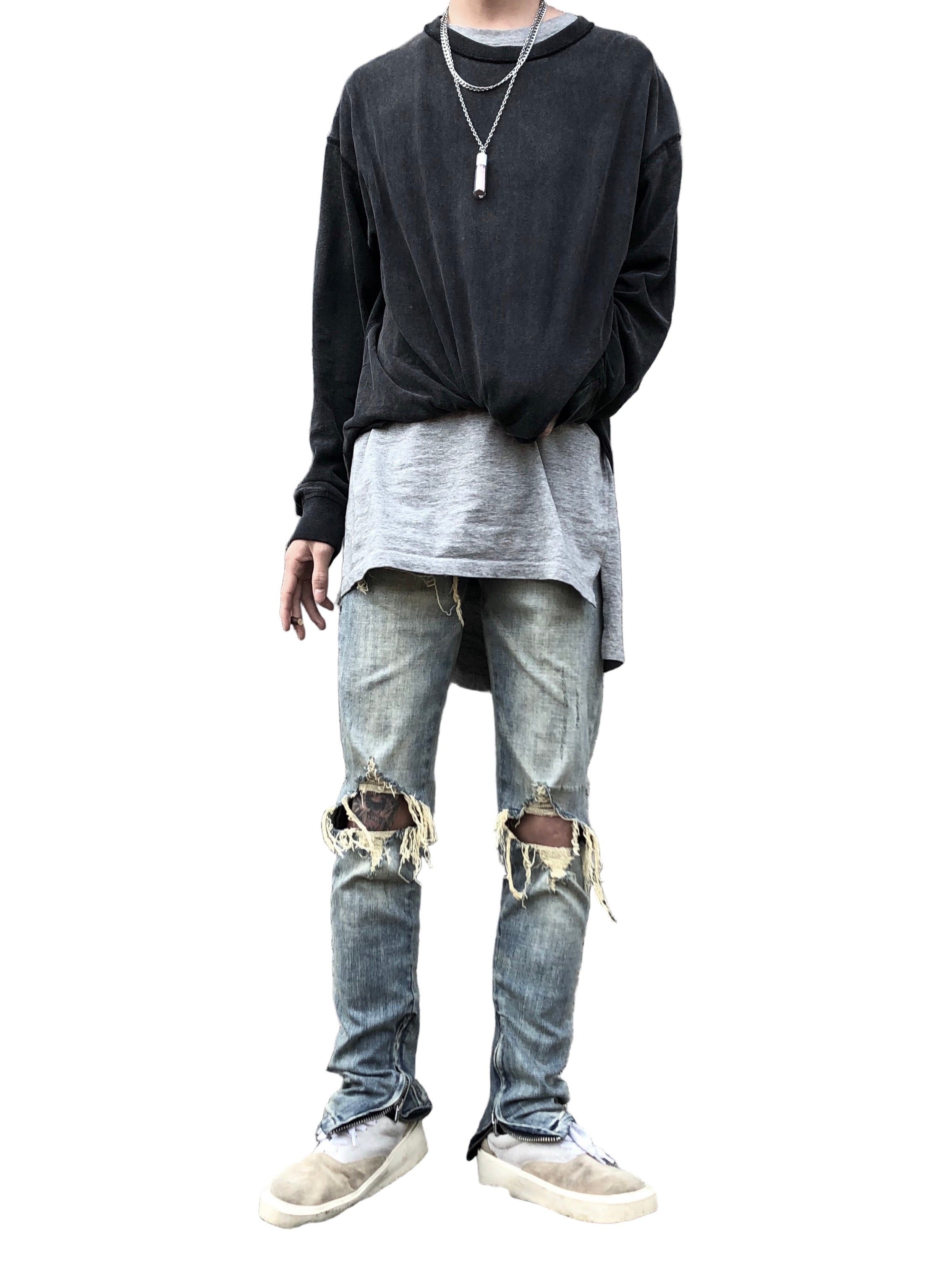 Shatter Fade Zippered Destroyed Jeans – Light Blue Ripped Streetwear Denim, Inner Zipper Detail, GOAT Streetwear Essentials