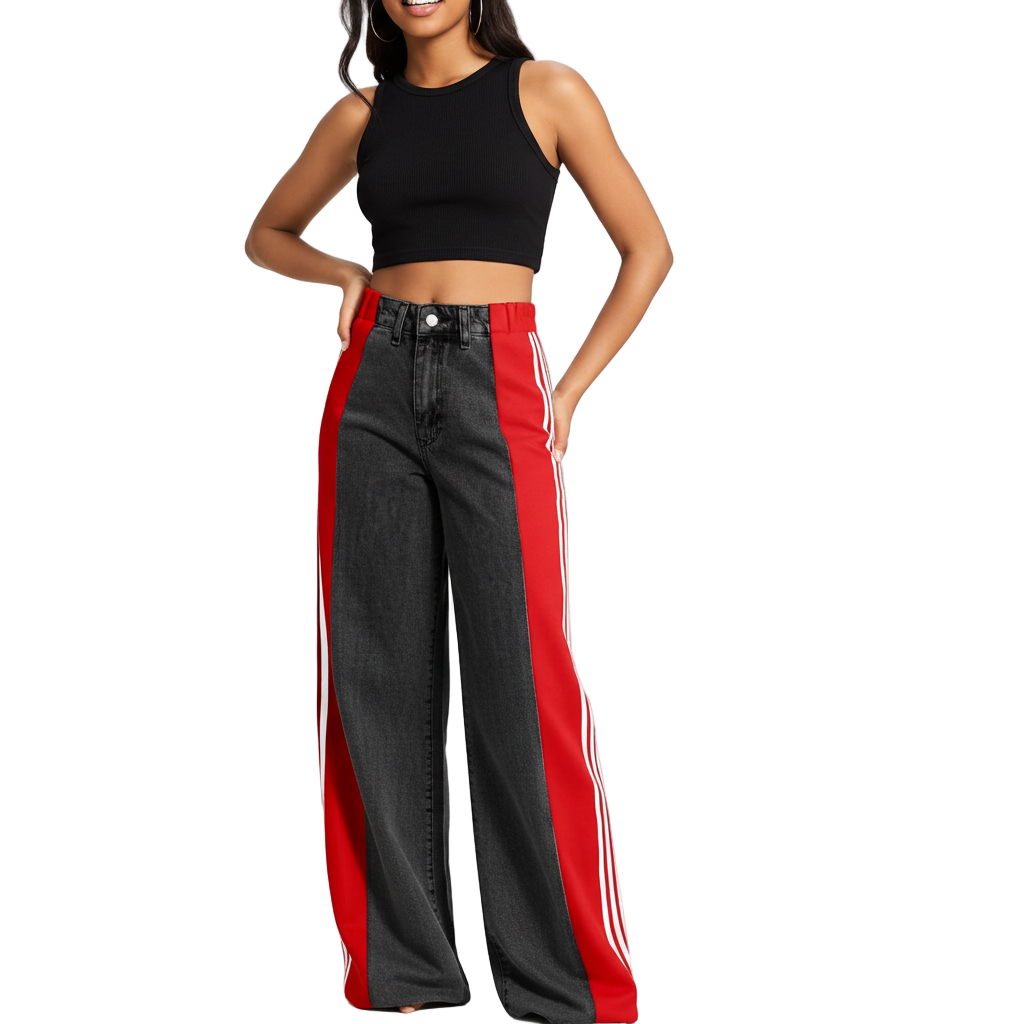 Palazzo Loose Fit Wide Leg Jeans – Retro Streetwear High Waist Stripe Contrast Wide-leg Denim Jeans for Women