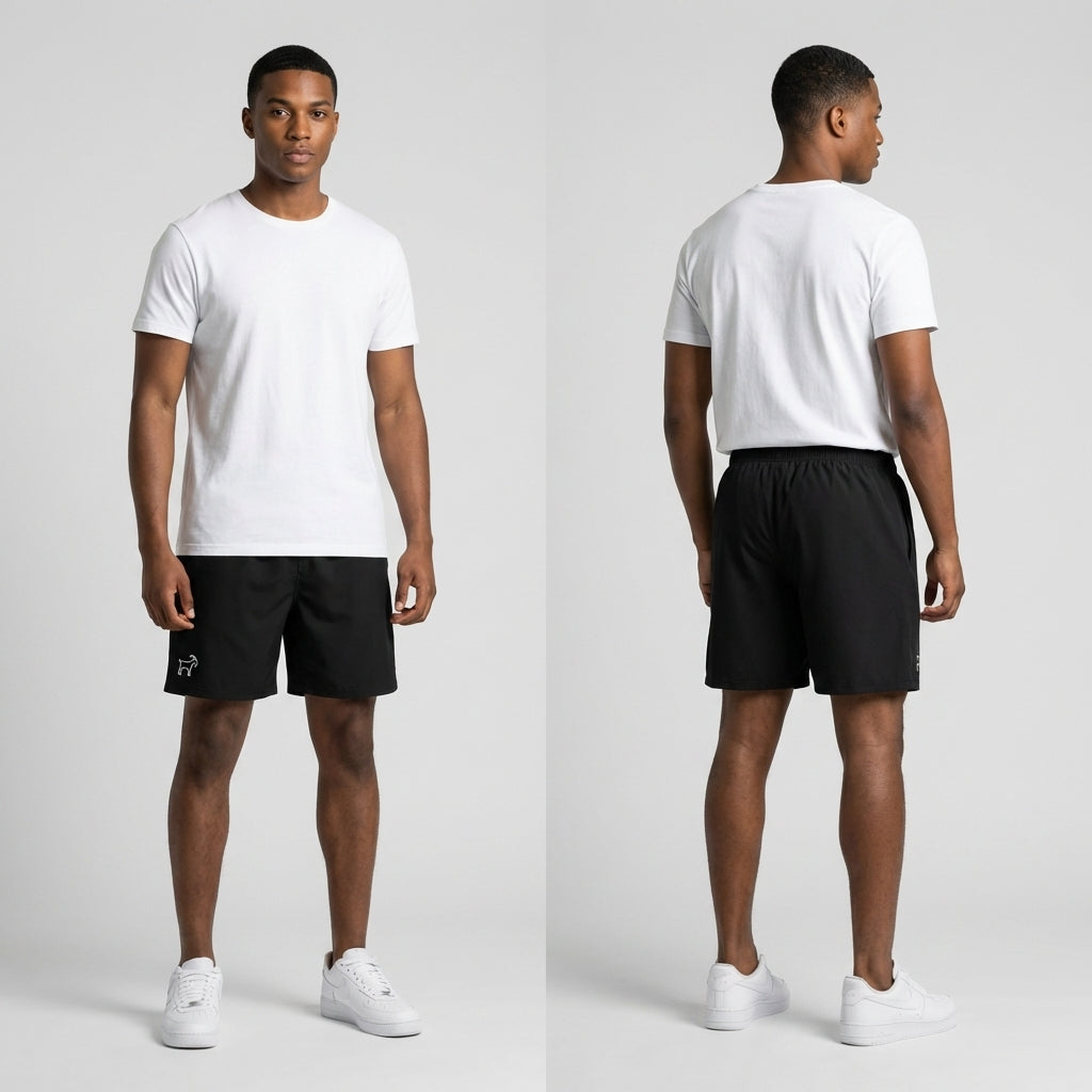 Short de sport (noir) – Short de course extensible recyclé, protection solaire UPF 50+, poches en filet anti-humidité | Legendary Branding® 