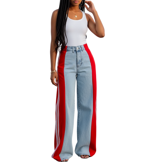 Palazzo Loose Fit Wide Leg Jeans – Retro Streetwear High Waist Stripe Contrast Wide-leg Denim Jeans for Women