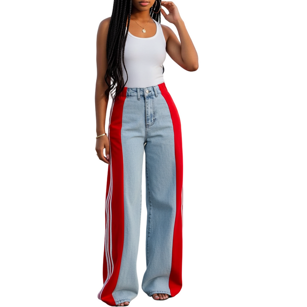 Palazzo Loose Fit Wide Leg Jeans – Retro Streetwear High Waist Stripe Contrast Wide-leg Denim Jeans for Women