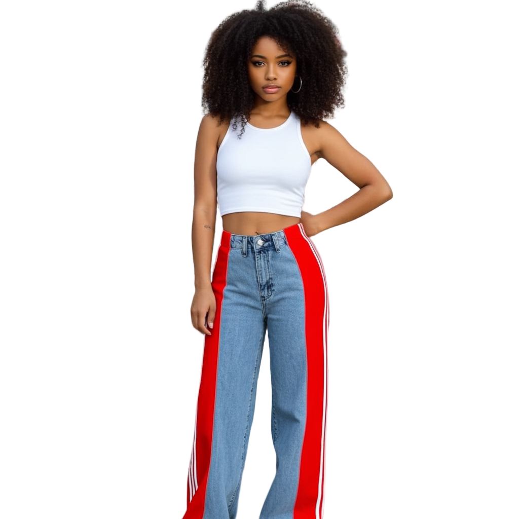 Palazzo Loose Fit Wide Leg Jeans – Retro Streetwear High Waist Stripe Contrast Wide-leg Denim Jeans for Women