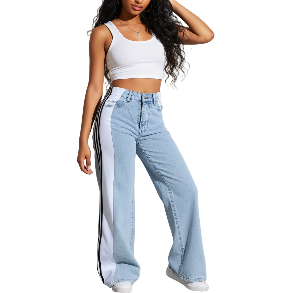 Palazzo Loose Fit Wide Leg Jeans – Retro Streetwear High Waist Stripe Contrast Wide-leg Denim Jeans for Women
