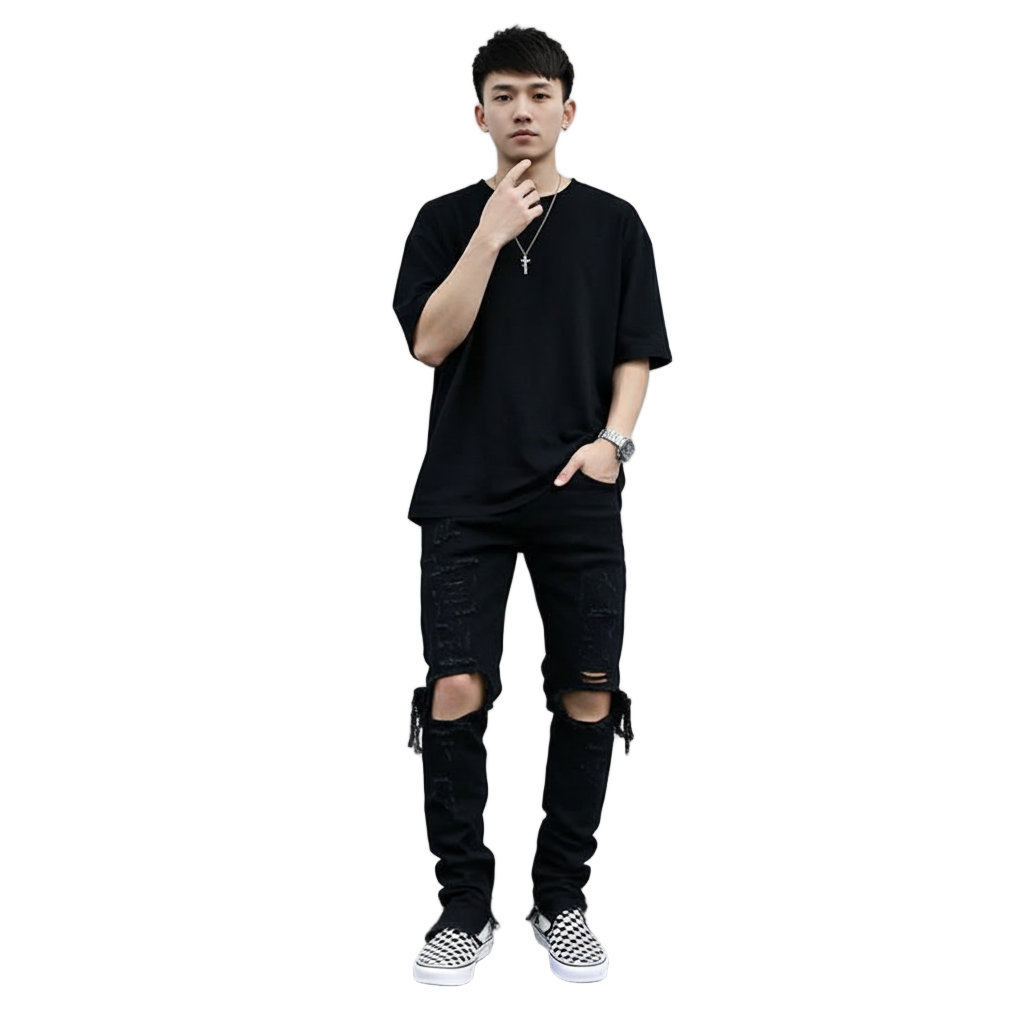 Blackout Streetwear Jeans for Men – Tapered Fit, Premium Cotton, Urban Ripped Denim, Ripped Black Denim Jeans, Black Streetwear Jeans, Ankle Zip Jeans