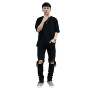 Blackout Streetwear Jeans for Men – Tapered Fit, Premium Cotton, Urban Ripped Denim, Ripped Black Denim Jeans, Black Streetwear Jeans, Ankle Zip Jeans
