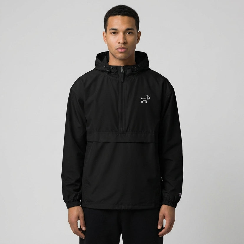 Legendary x Champion water-resistant jacket front view with GOAT embroidery

