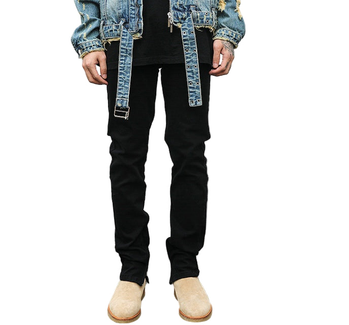Stealth Stretch Denim Ankle Zip Jeans - Ankle Zip Black Denim Jeans, Stretch Fit Streetwear Pants, Mid-Low Waist, Streetwear Fashion Jeans