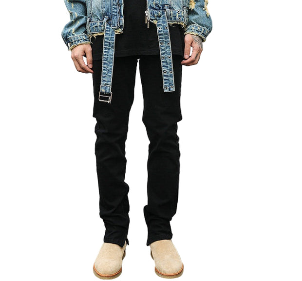 Stealth Stretch Denim Ankle Zip Jeans - Ankle Zip Black Denim Jeans, Stretch Fit Streetwear Pants, Mid-Low Waist, Streetwear Fashion Jeans