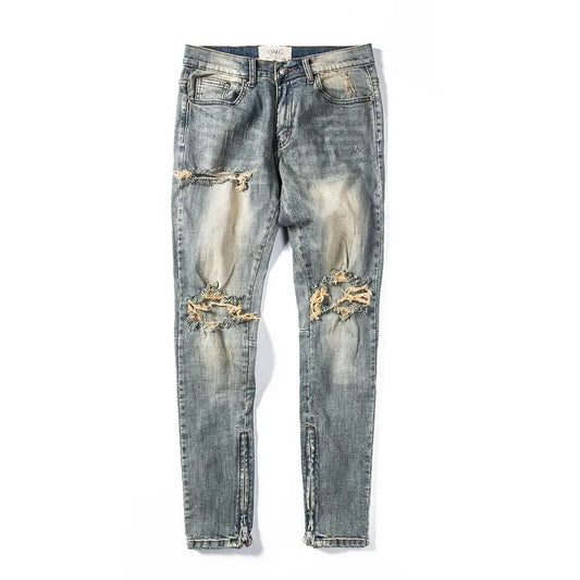 Shatter Fade Zippered Destroyed Jeans – Light Blue Ripped Streetwear Denim, Inner Zipper Detail, GOAT Streetwear Essentials