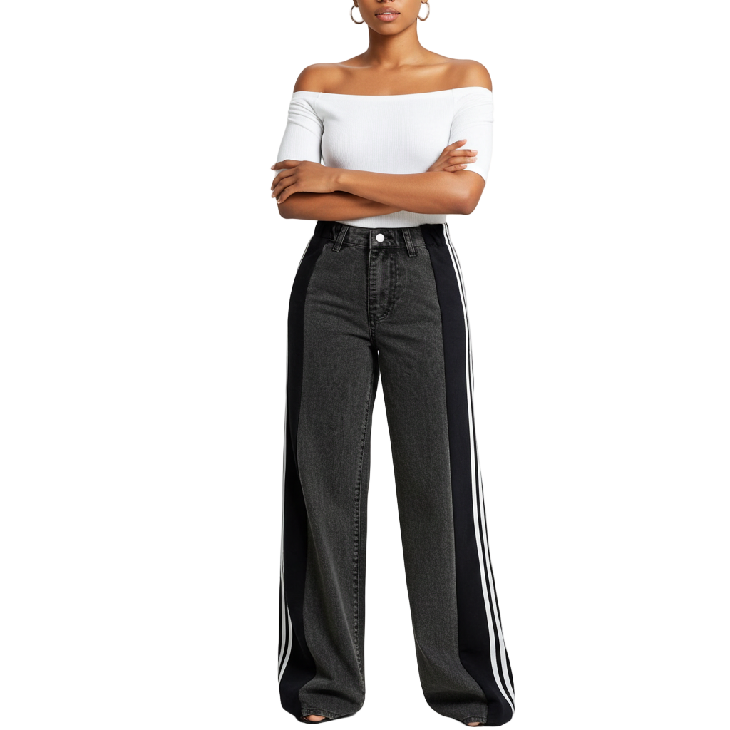 Palazzo Loose Fit Wide Leg Jeans – Retro Streetwear High Waist Stripe Contrast Wide-leg Denim Jeans for Women